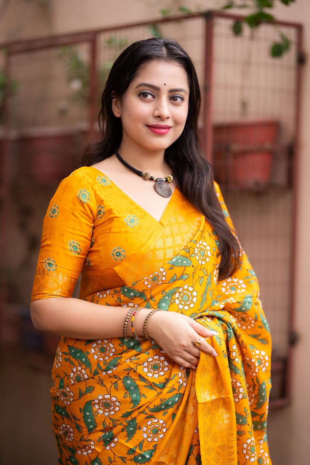 Mustard Yellow Handloom Kalamkari Soft Silk Saree